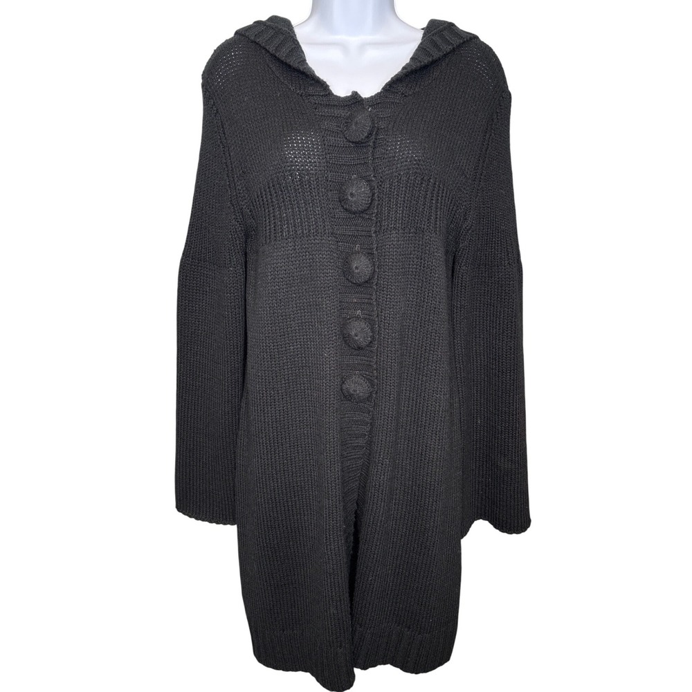 Roberto Klein Womens Black Knit Long Hooded Cardigan Sweater Coat Sz L Cozy Boho